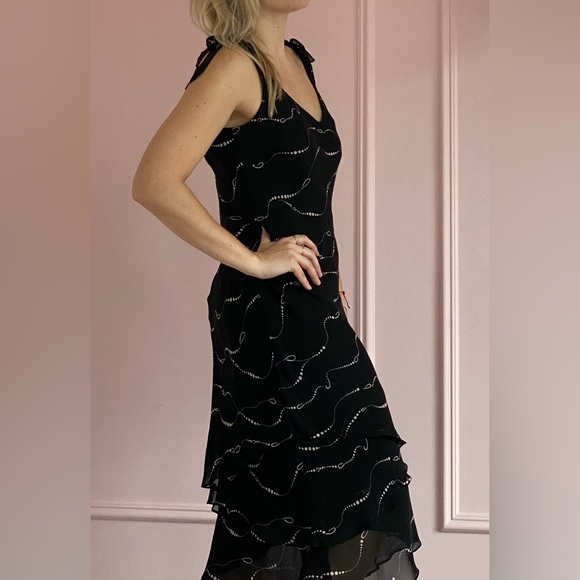 EVAN PICONE Vintage Dress, Black V-Neck Sleeveless, Long, Ruffles, Ties, US M - Picture 9 of 13